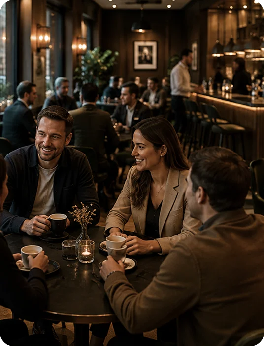 Gasten zitten aan tafels, kletsen en genieten van koffie en drankjes in de warme en uitnodigende sfeer van het Gavtezh café in Amsterdam.